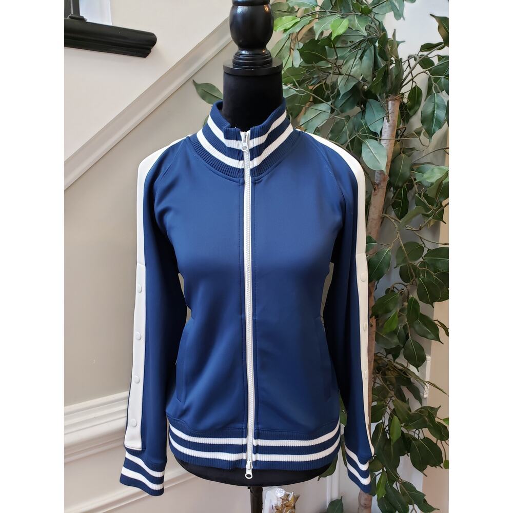 Half Heart Track Jacket Womens M Navy Ribbed Hem & Cuff Cold Shoulder Zip‎ Front